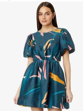 Vineyard Vines Teal Abstract Print Puff-Sleeve Mini Dress